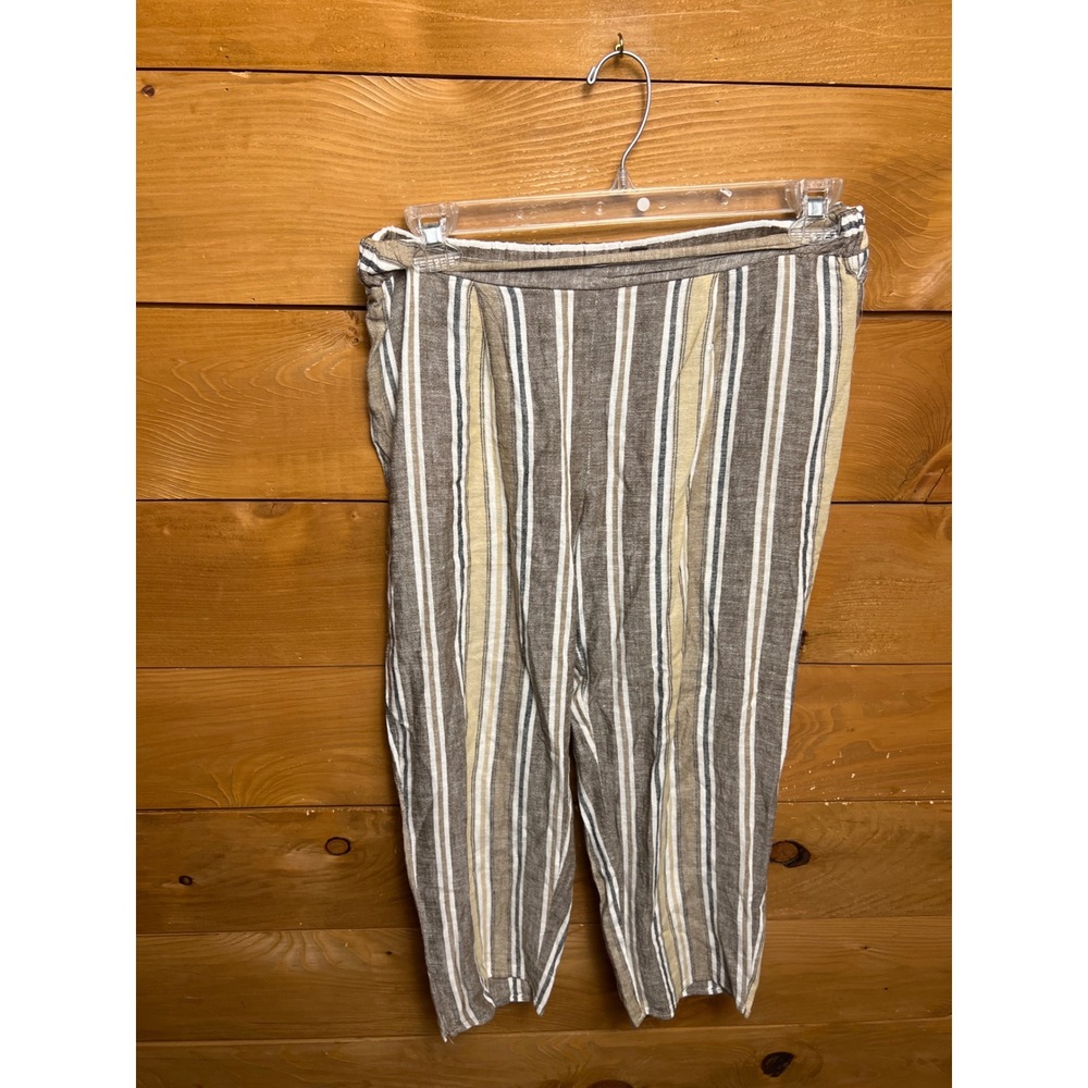 Melissa Paige Striped Linen‎ Blend Cropped Pants Womens M Medium Tan White Black